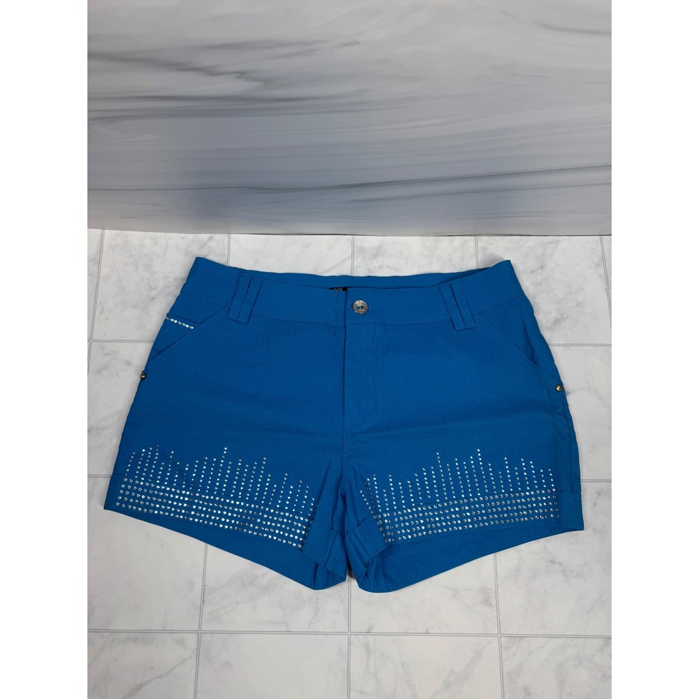 QQMY Womens Blue Rhinestone Embellished Stretch Shorts Size 13/14 Y2K Style